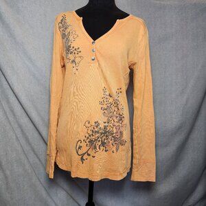 One World Women’s L Top Orange Long Sleeve With Lace Print /Jewel Accents Y2K